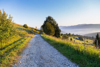 Road amidst field against clear sky