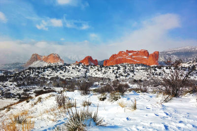 Snow covered landscape against sky