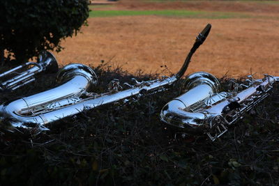 High angle view of bicycle on field