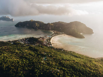 High angle view of bay against sky