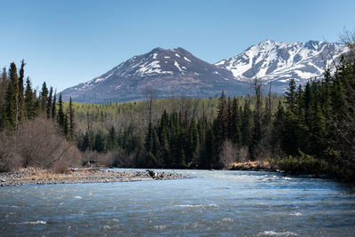 Scenic view of snowcapped mountains against clear sky