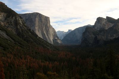 Scenic view of mountains against cloudy sky