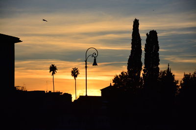 Silhouette trees and buildings against sky during sunset