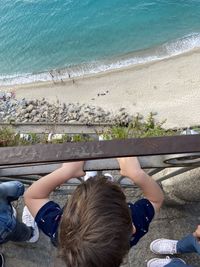 High angle view of boys sitting on beach