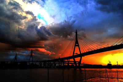 Suspension bridge over sea against sky during sunset