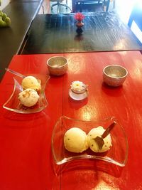 High angle view of fruits in plate on table