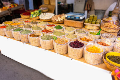 High angle view of food for sale at market stall