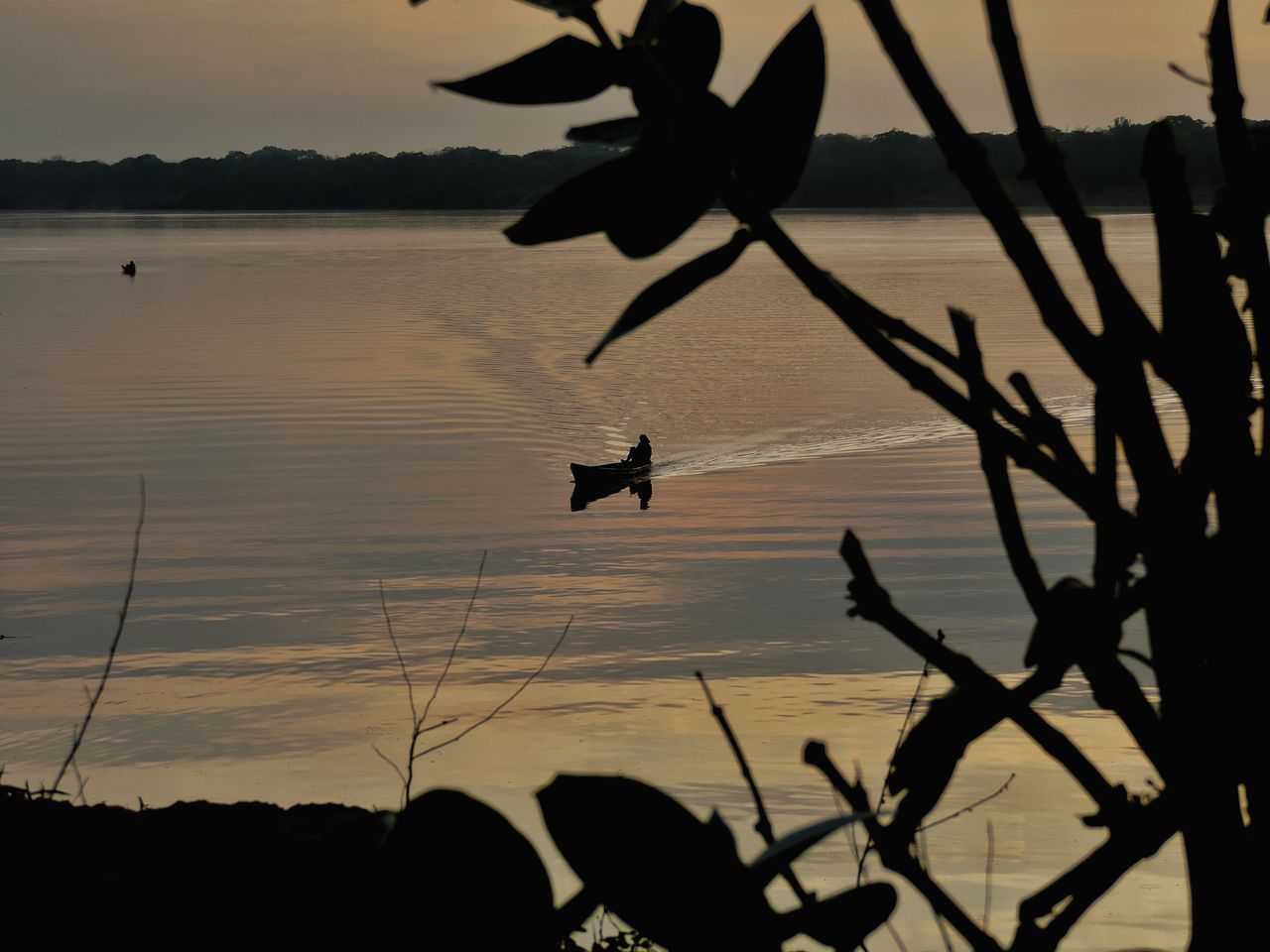 SILHOUETTE BIRD FLYING OVER LAKE AGAINST SKY