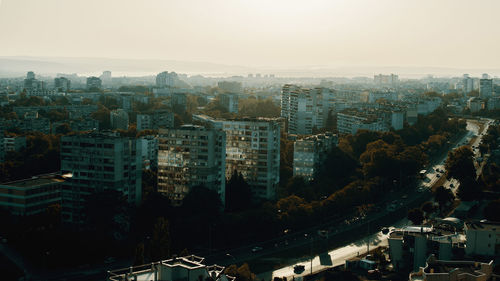 High angle view of cityscape against sky