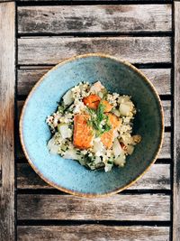 High angle view of food in plate on table