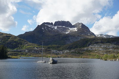 Scenic view of mountains and sea against cloudy sky