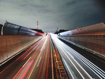 High angle view of light trails on highway