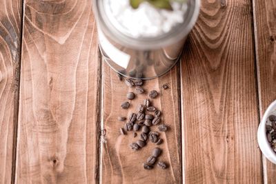 High angle view of coffee beans on table