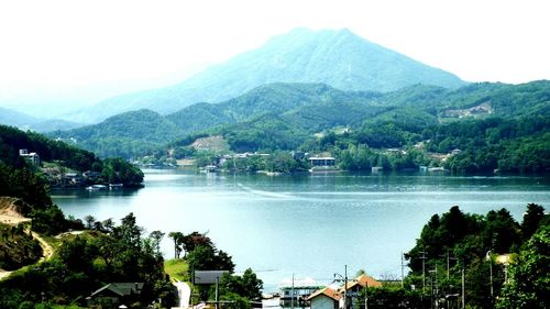 Scenic view of river and mountains