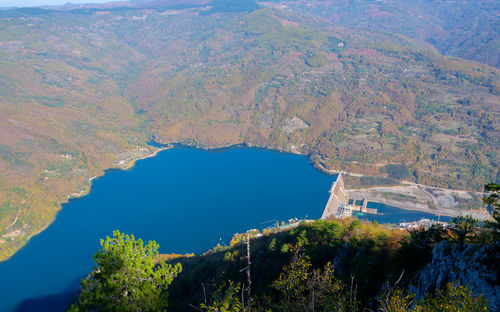 High angle view of lake and mountains