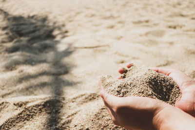 Close-up of hand holding sand on beach
