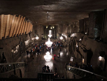 High angle view of crowd in illuminated building