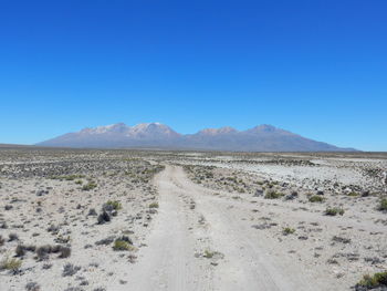 Scenic view of desert against clear blue sky