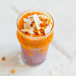High angle view of ice cream in glass on table