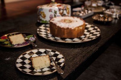 Close-up of cake served on table