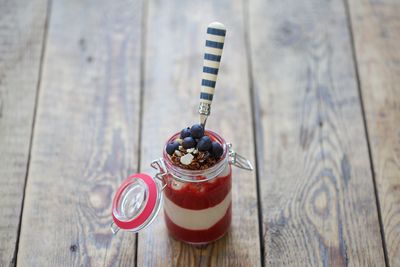 High angle view of drink on table