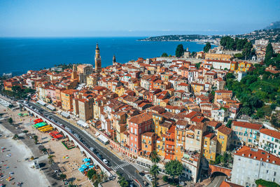 Aerial view of townscape against sky