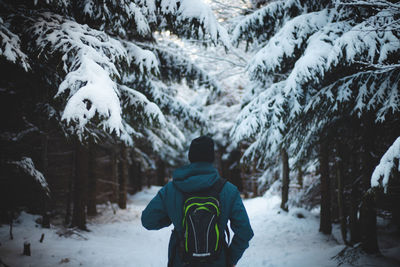 Man in winter clothes walks in a snowy forest and enjoys his freedom.