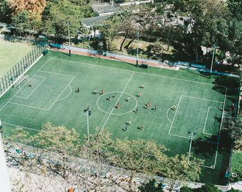 High angle view of soccer match