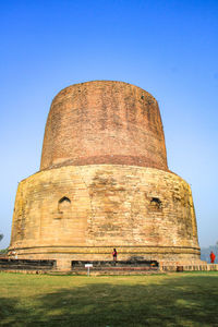 Low angle view of historical building against clear blue sky