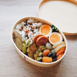 High angle view of breakfast served on table