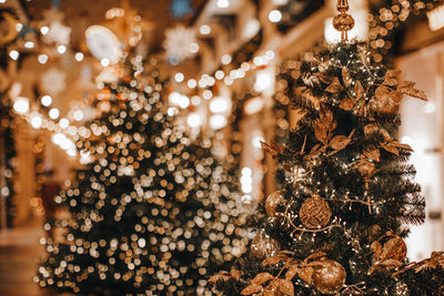 Golden christmas trees decorated with festive miracle garlands bokeh lights. magic interior