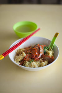 High angle view of food in bowl on table