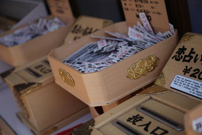 Close-up of text on paper at market stall