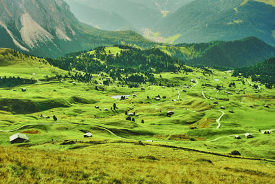 Scenic view of green landscape and mountains