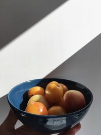 High angle view of fruits in bowl on table