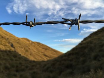 Low angle view of barbed wire