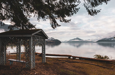 Scenic view of lake by building against sky