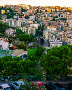 High angle view of buildings in city