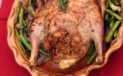 Close-up of roasted duck in plate on table