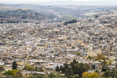 High angle view of town against sky