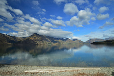 Scenic view of lake by mountains against sky