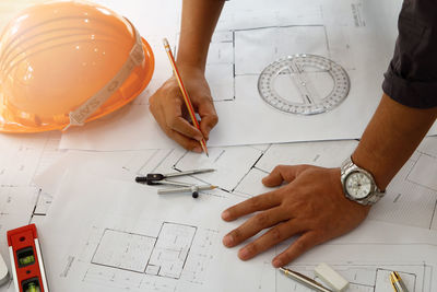 High angle view of people on table