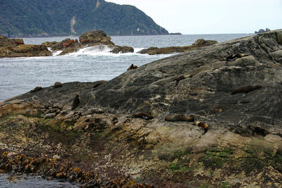Scenic view of sea and mountains against sky