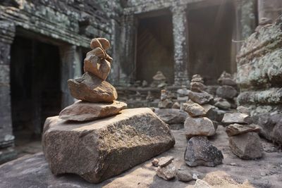 Close-up of stacks of rocks in temple