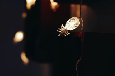 Close-up of illuminated lighting equipment on wall at night