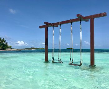 Scenic view of swimming pool by sea against sky