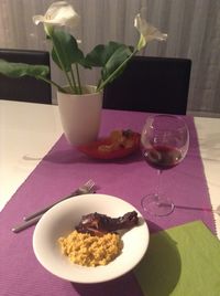High angle view of food served on table