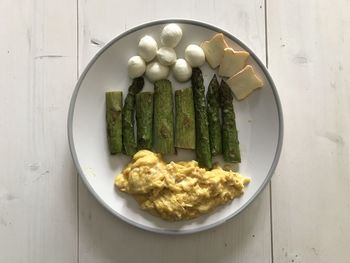 High angle view of breakfast served on table