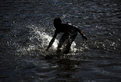 Silhouette man swimming in sea