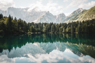 Panoramic view of lake and mountains against sky